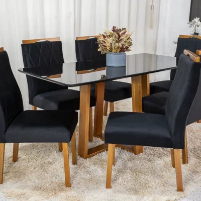 Mesa de Jantar Pedro Mel Tampo Vidro Preto 160×80 6 Cadeiras Lisboa Assento Veludo Preto 504
