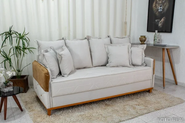 Sofá 3 lugares Vicam Larg. 2.00m Linho Detalhe Bege