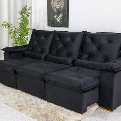 Sofá Retrátil Reclinável Coliseu 2.70m Veludo Preto