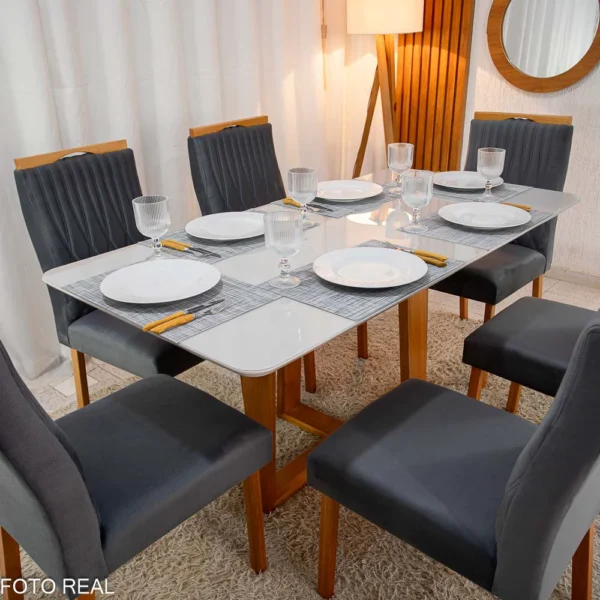 Mesa de Jantar Pedro Mel Tampo Off 160×80 6 Cadeiras Genova Assento Veludo - Imagem 2