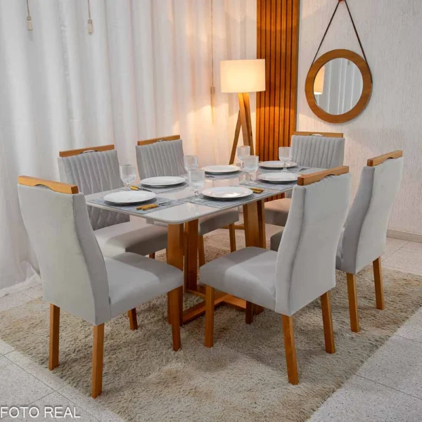 Mesa de Jantar Pedro Mel Tampo Off 160×80 6 Cadeiras Genova Assento Veludo - Imagem 5
