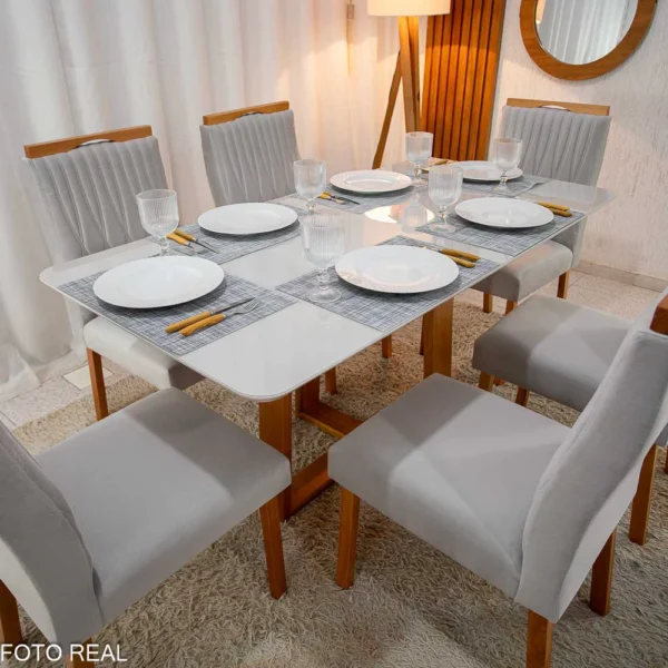 Mesa de Jantar Pedro Mel Tampo Off 160×80 6 Cadeiras Genova Assento Veludo - Imagem 9