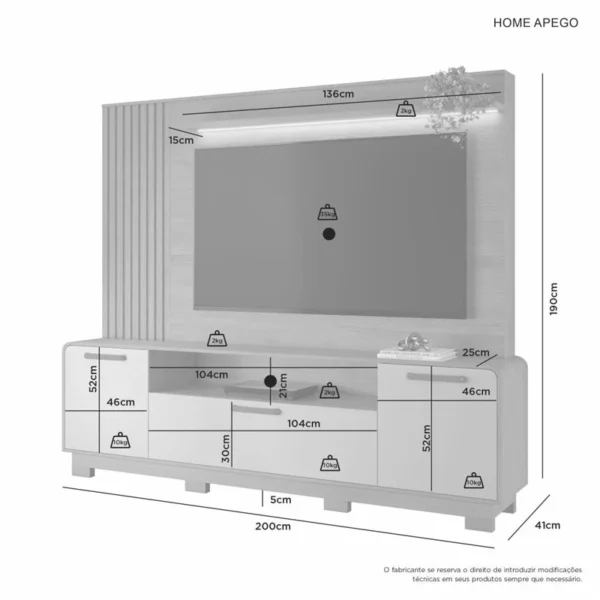 Home Apego Larg. 2.00m C/Luminária LED e Detalhe Ripado Para TV até 65" - Imagem 3