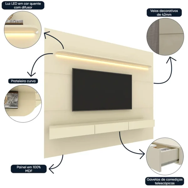 Home Royal Larg. 2.19m C/Led e Nicho Para TV até 85" - Imagem 3