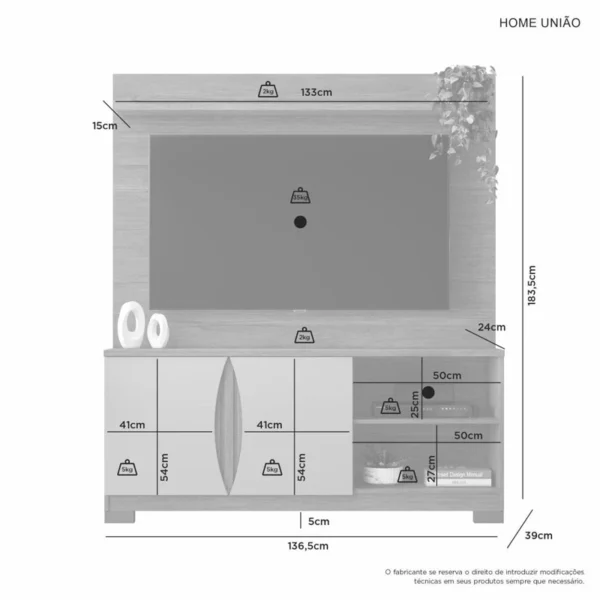 Home União Candian Larg. 1.36m Detalhe Ripado Para TV até 56" - Imagem 3