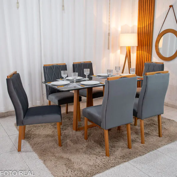 Mesa de Jantar Pedro 160×80 Vidro GrafiteBase Madeira + 6 Cad. Lisboa Veludo Cinza 507 Madeira Art Assento - Entregue Montada (1)