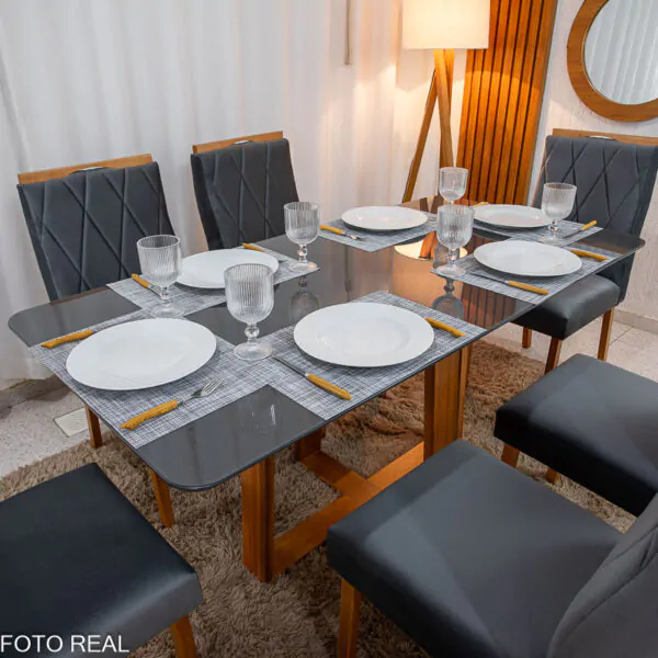 Mesa de Jantar Pedro Mel Tampo Grafite 160×80 6 Cadeiras Lisboa Assento Veludo - Imagem 2