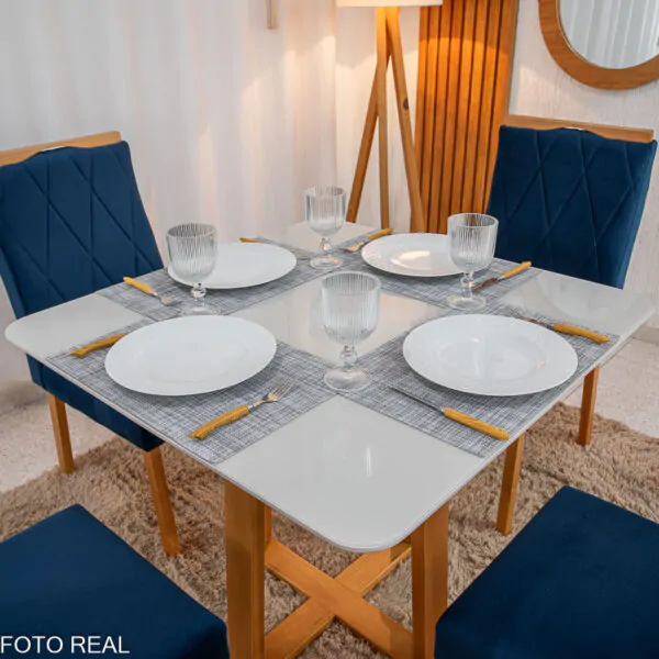 Mesa de Jantar Pedro Mel Tampo Vidro Off 90×90 4 Cadeiras Lisboa Veludo - Imagem 6
