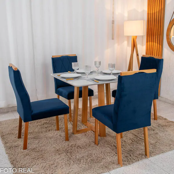 Mesa de Jantar Pedro Mel Tampo Vidro Off 90×90 4 Cadeiras Lisboa Veludo - Imagem 8