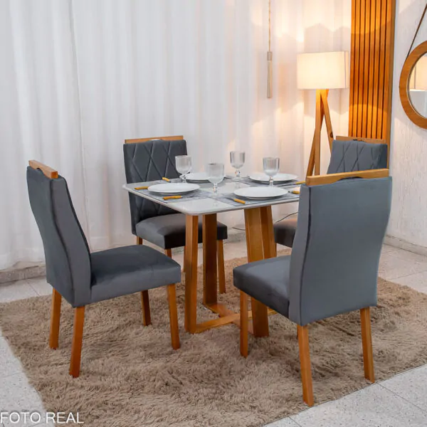 Mesa de Jantar Pedro Mel Tampo Vidro Off 90×90 4 Cadeiras Lisboa Veludo - Imagem 7