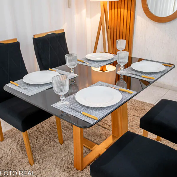 Mesa de Jantar Pedro Mel Tampo Vidro Preto 120×80 4 Cadeiras Lisboa Veludo - Imagem 2