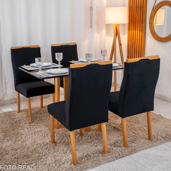 Mesa de Jantar Pedro Mel Tampo Vidro Preto 120×80 4 Cadeiras Lisboa Veludo - Imagem 3