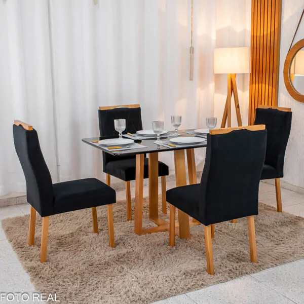 Mesa de Jantar Pedro Mel Tampo Vidro Preto 120×80 4 Cadeiras Lisboa Veludo - Imagem 4