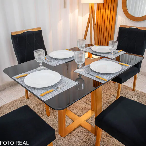 Mesa de Jantar Pedro Mel Tampo Vidro Preto 120×80 4 Cadeiras Lisboa Veludo - Imagem 5