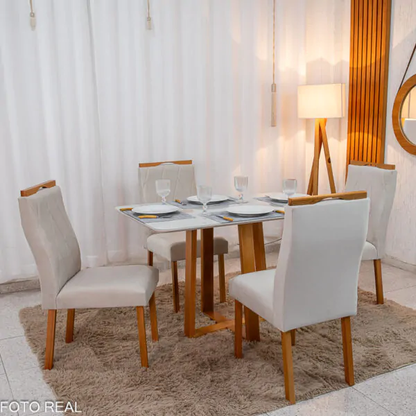 Mesa de Jantar Pedro 120x80 Vidro OffBase Madeira + 4 Cad. Lisboa Veludo Bege 512 Madeira Art Assento - Entregue Montada (1)