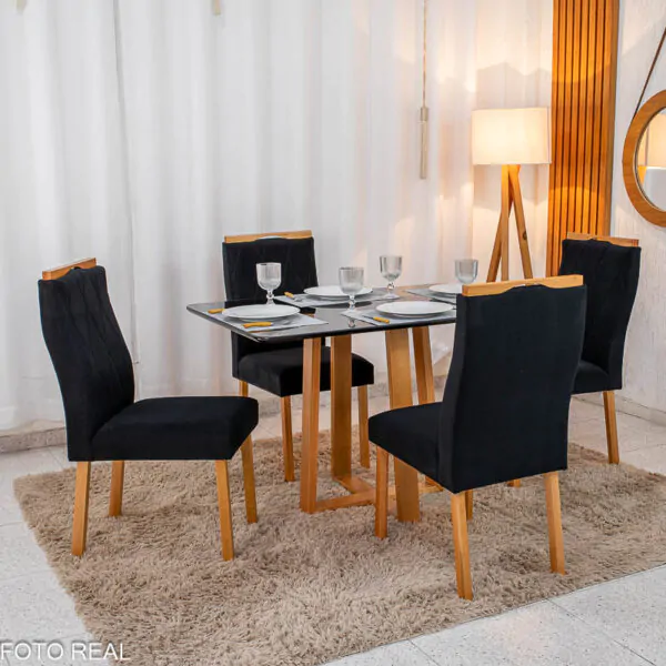 Mesa de Jantar Pedro 120×80 Vidro PretoBase madeira + 4 Cad. Lisboa Veludo Preto 504 Madeira Art Assento - Entregue Montada (1)