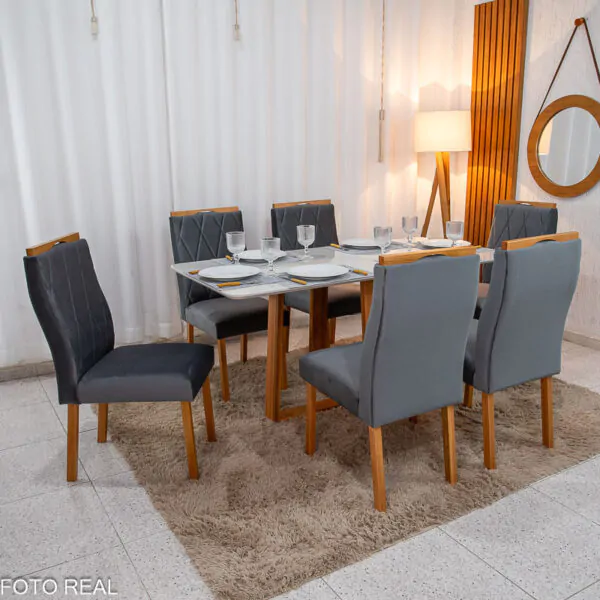 Mesa de Jantar Pedro 160x80 Vidro OffBase Madeira + 6 Cad. Lisboa Veludo Cinza 507 Madeira Art Assento - Entregue Montada (1)