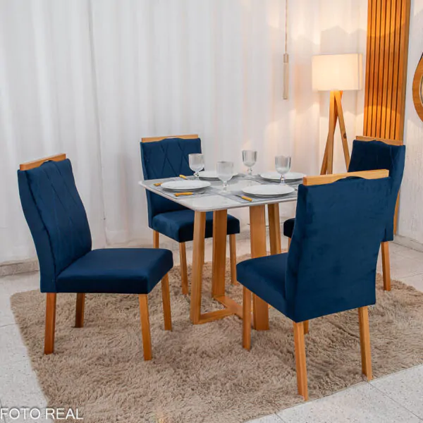 Mesa de Jantar Pedro 90x90 Vidro OffBase Madeira + 4 Cad. Lisboa Veludo Azul 503 Madeira Art Assento - Entregue Montada (1)
