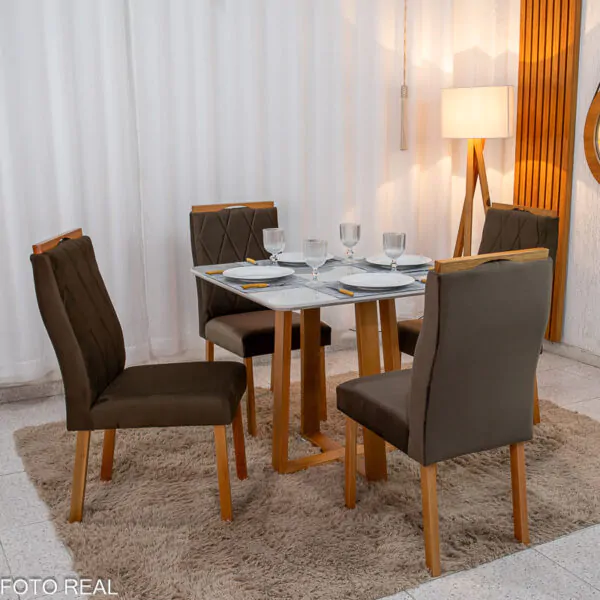 Mesa de Jantar Pedro Mel Tampo Vidro Off 90×90 4 Cadeiras Lisboa Veludo - Imagem 5