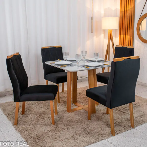 Mesa de Jantar Pedro Mel Tampo Vidro Off 90×90 4 Cadeiras Lisboa Veludo - Imagem 4