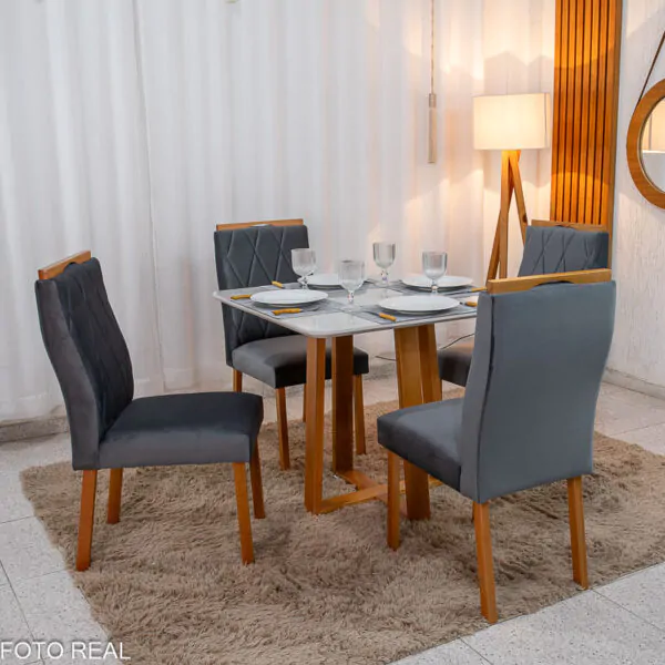 Mesa de Jantar Pedro Mel Tampo Vidro Off 90×90 4 Cadeiras Lisboa Veludo - Imagem 3
