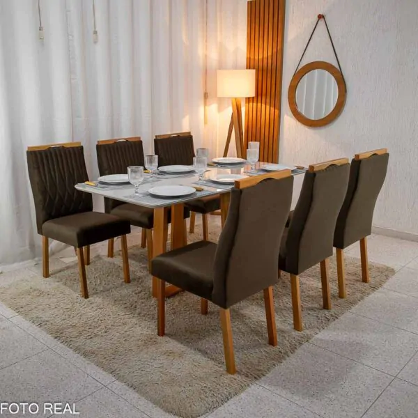 Mesa de Jantar Pedro Mel Tampo Off 160×80 6 Cadeiras Genova Assento Veludo - Imagem 10