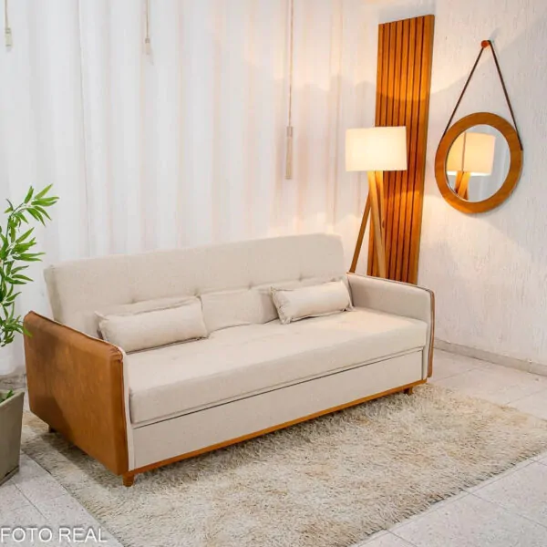 Sofá Cama Leblon larg. 2.05m Linho - Laterais Braços em korino (1)