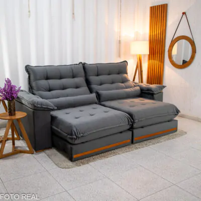 Sofá Retrátil Reclinável Istambul 2.50m Veludo Cinza 403 - Espuma D33 (1)