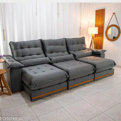 Sofá Retrátil Reclinável Istambul 3.20m Veludo Cinza 403 - Espuma D33 (1)