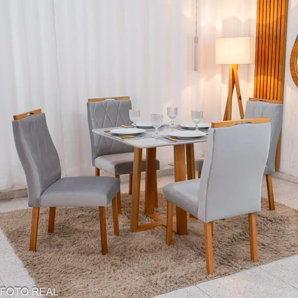 Mesa de Jantar Pedro Mel Tampo Vidro Off 90×90 4 Cadeiras Lisboa Veludo - Imagem 2