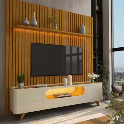 Rack Nobre Larg. 2.10m + Painel Nobre Larg. 2.30m Ripado CLed Para TV até 85 NaturaleOff (1)