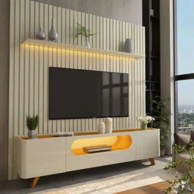 Rack Nobre Larg. 2.10m + Painel Nobre Larg. 2.30m Ripado CLed Para TV até 85 Off Naturale (1)