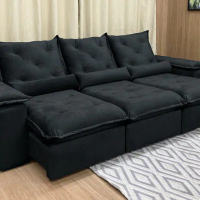 Sofá Retrátil Reclinável Orion Plus 2.70m Veludo Preto (1)